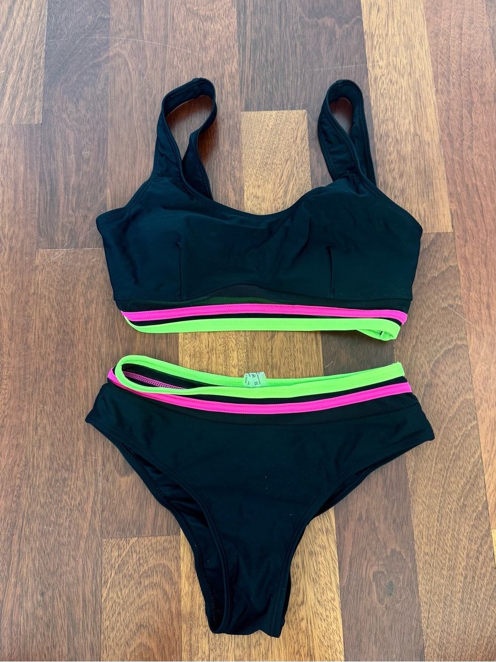 Black Women's Two-Piece Swim Set with Neon Green & Pink Trim